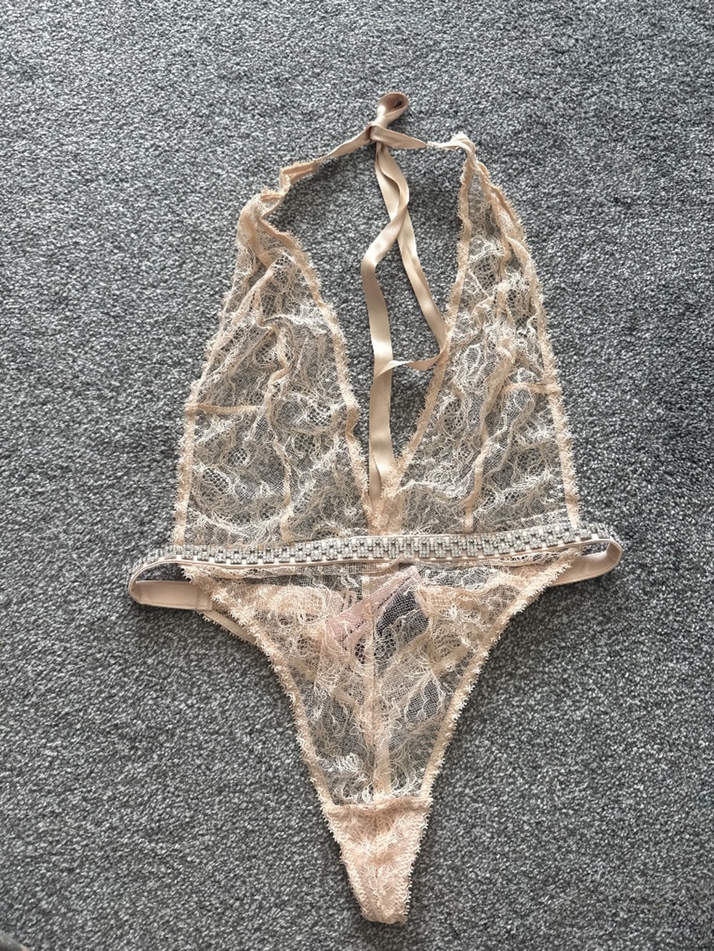 NWT Victoria’s Secret Rose gold lace bodysuit with sparkle belt size small